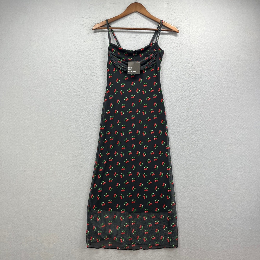 See You Monday Maxi Dress Womens Small Black Cherry Mesh Summer Boho Y2K NEW